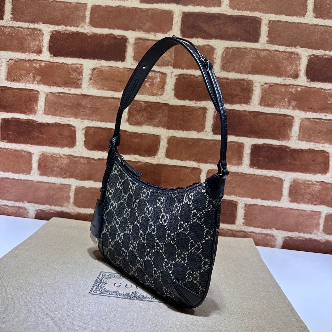 Gucci Horsebit Slim Small Shoulder Bag Black And Grey Gg Denim