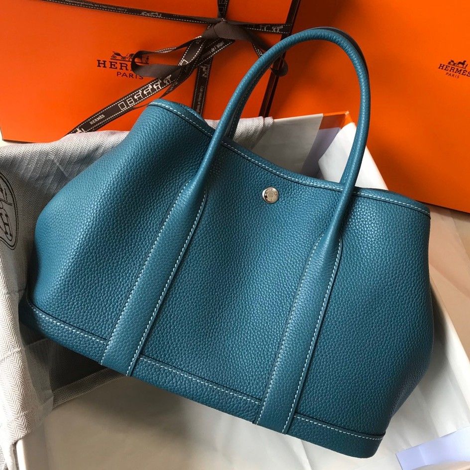 Hermes Garden Party 30 Bag In Blue Jean Clemence Leather