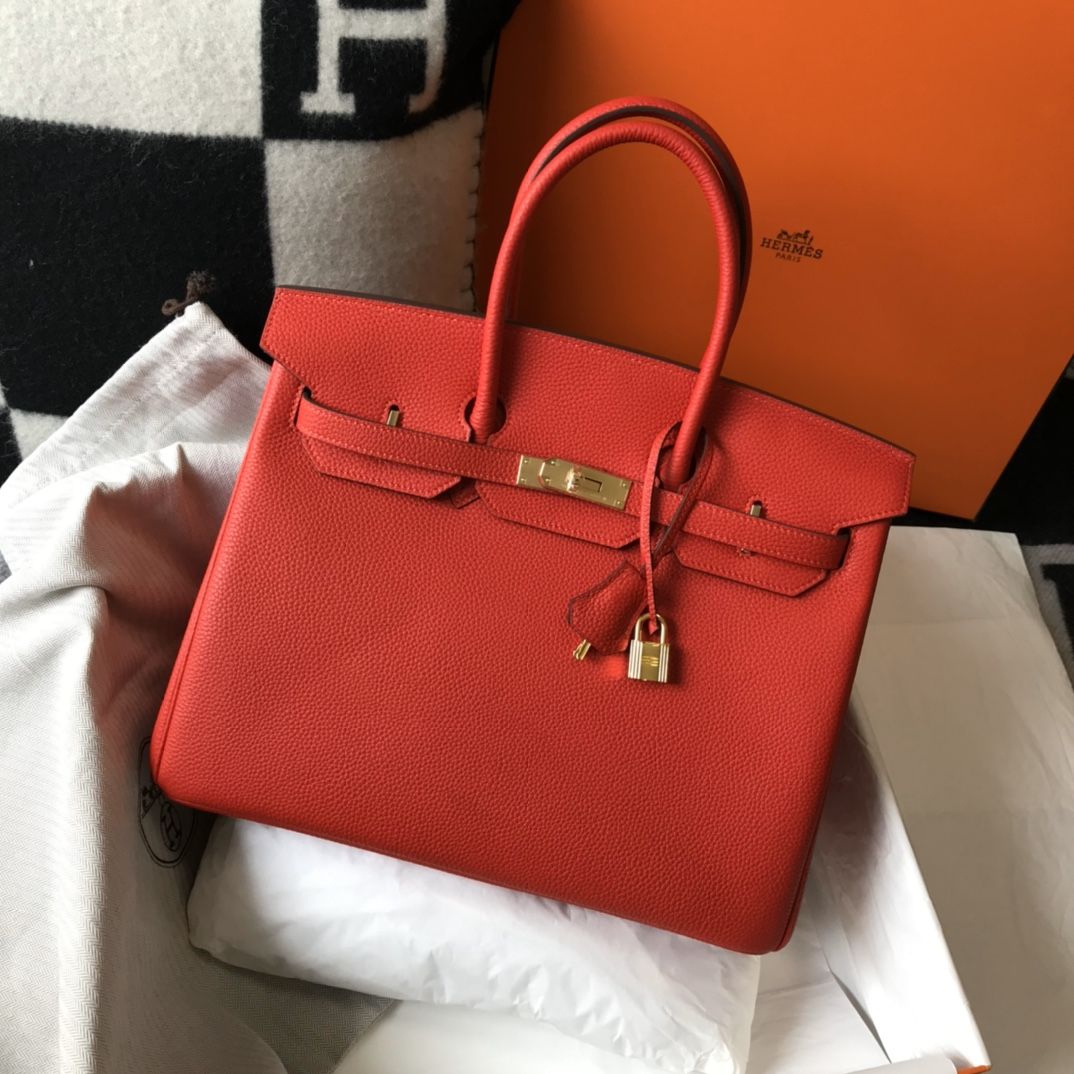 Hermes Birkin 25 Bag In Orange Red Clemence Leather with GHW