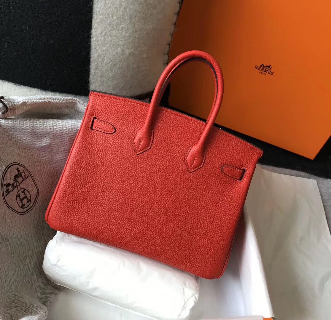 Hermes Birkin 25 Bag In Orange Red Clemence Leather with GHW