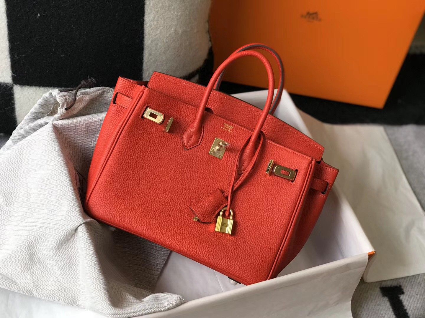 Hermes Birkin 25 Bag In Orange Red Clemence Leather with GHW