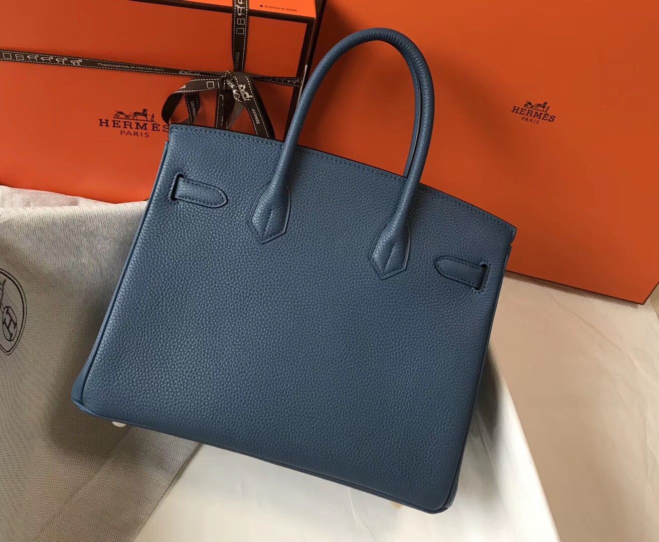 Hermes Birkin 30 Bag in Blue Agate Clemence Leather with GHW