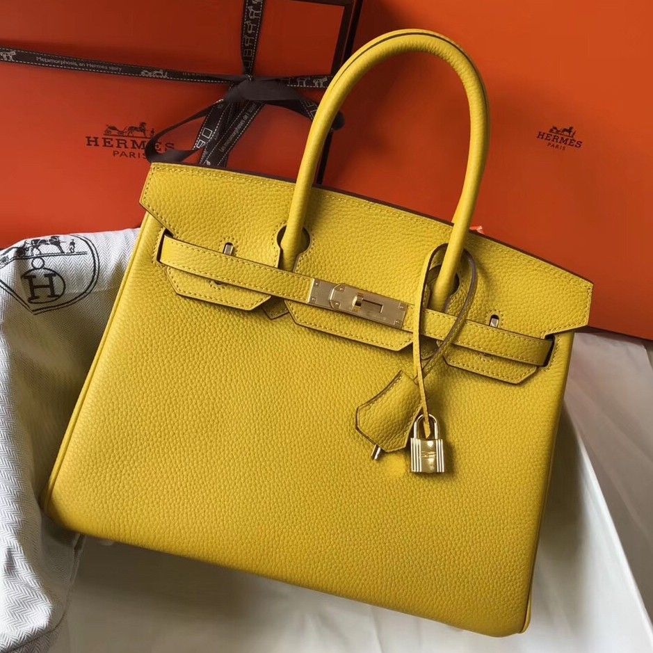 Hermes Birkin 30 Bag in Yellow Clemence Leather with GHW