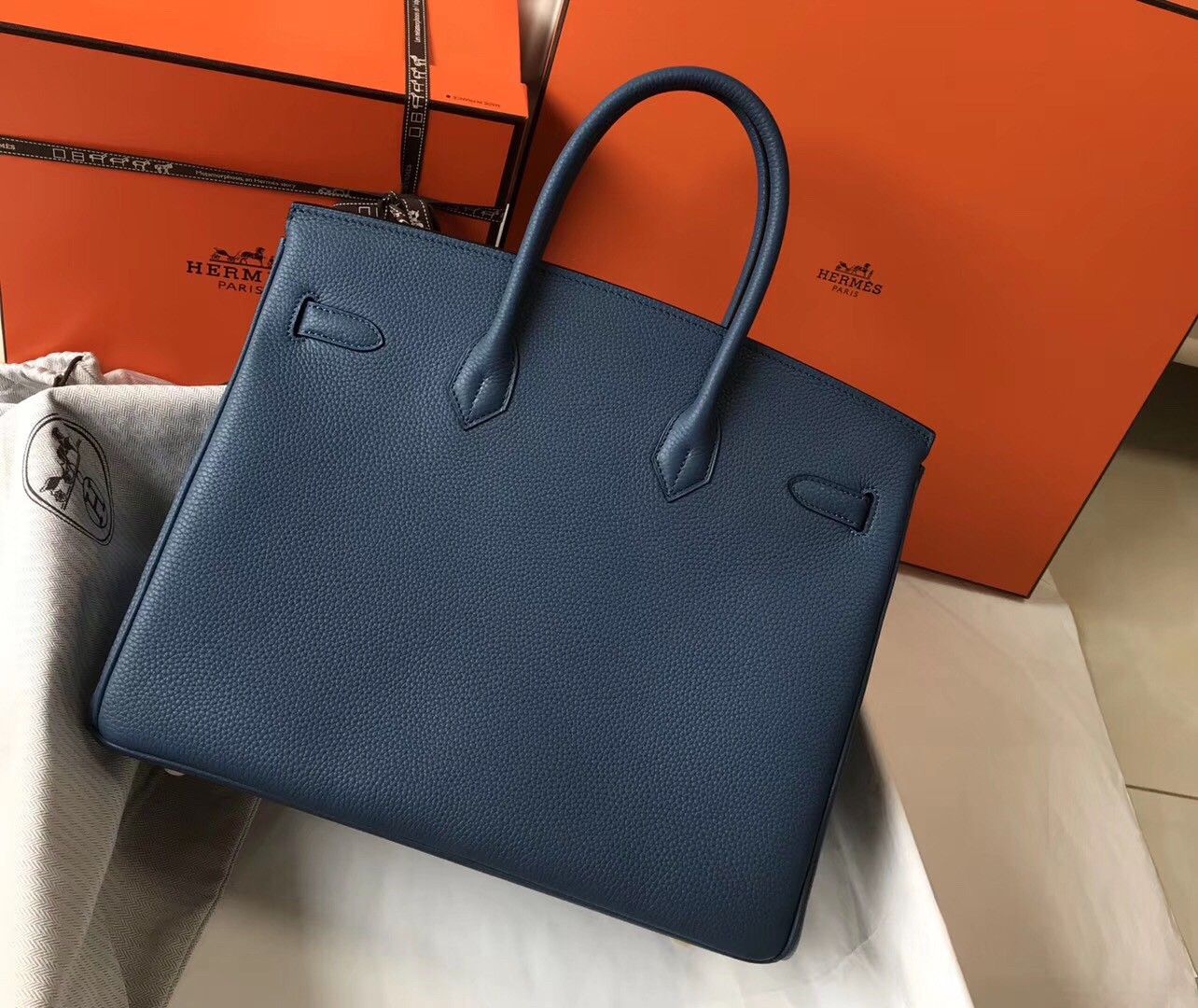 Hermes Birkin 35 Bag in Blue Agate Clemence Leather with GHW