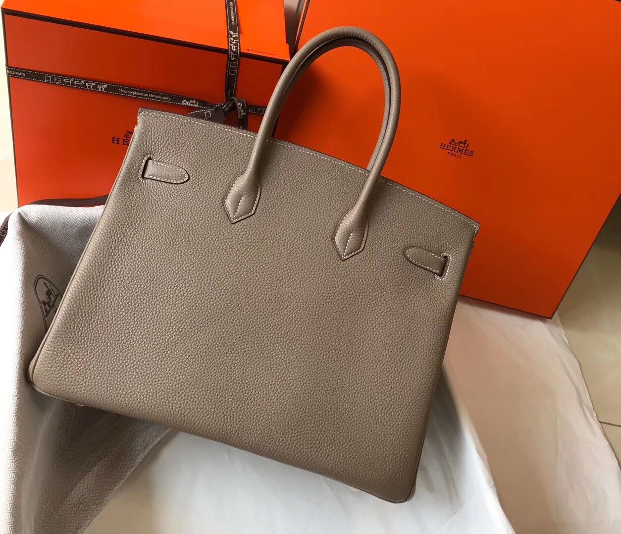 Hermes Birkin 35 Bag in Tourterelle Clemence Leather with GHW