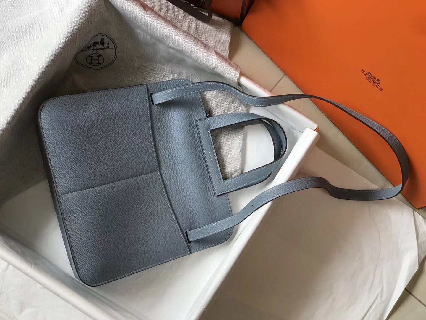 Hermes Halzan 31cm Bag In Blue Lin Clemence Leather