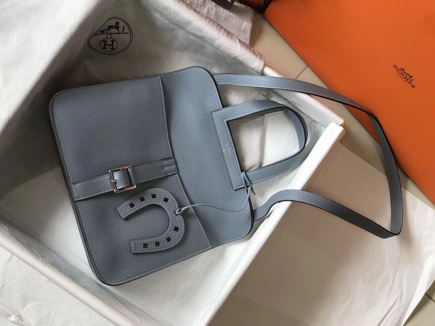 Hermes Halzan 31cm Bag In Blue Lin Clemence Leather