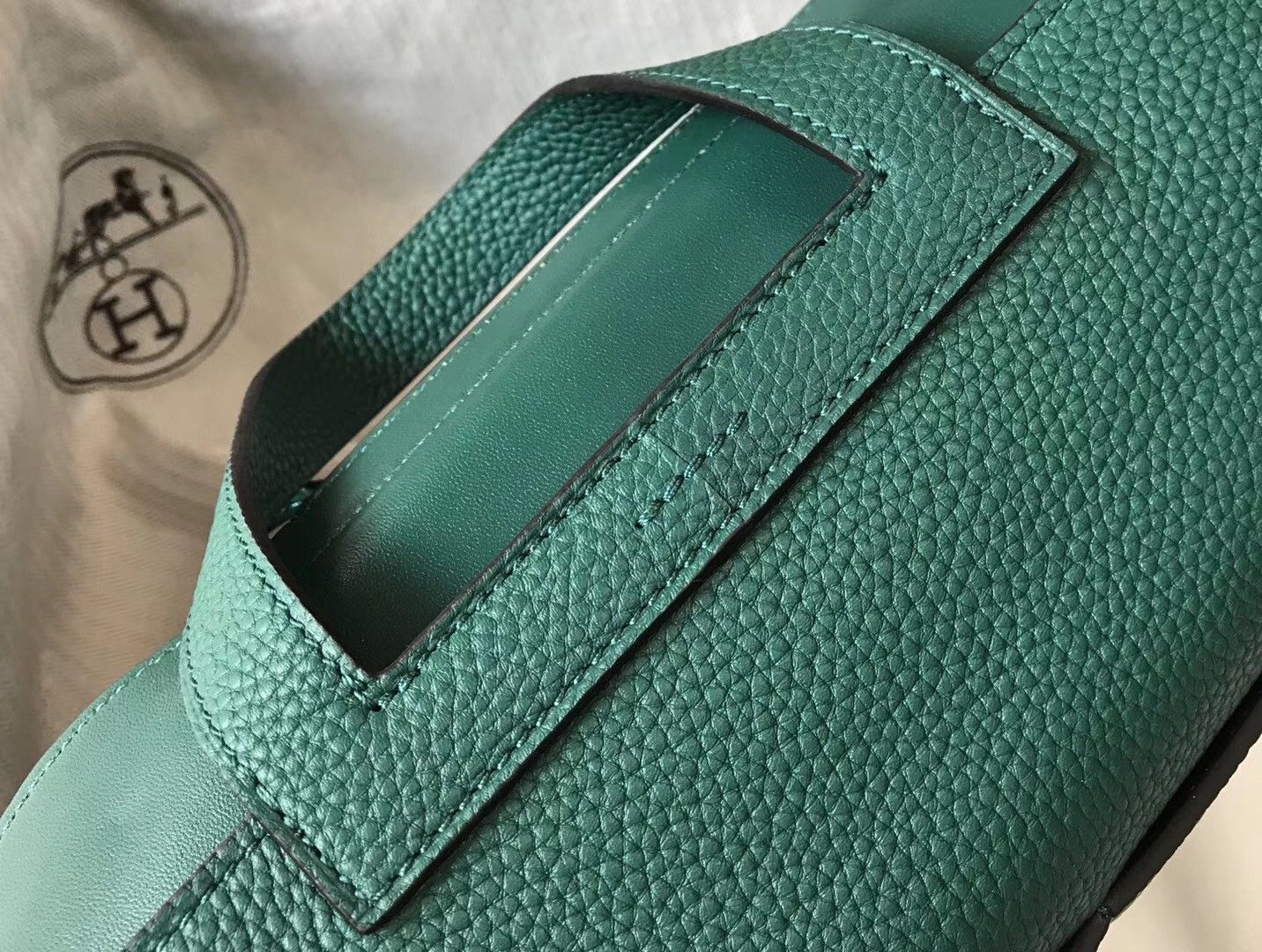 Hermes Halzan 31cm Bag In Malachite Clemence Leather