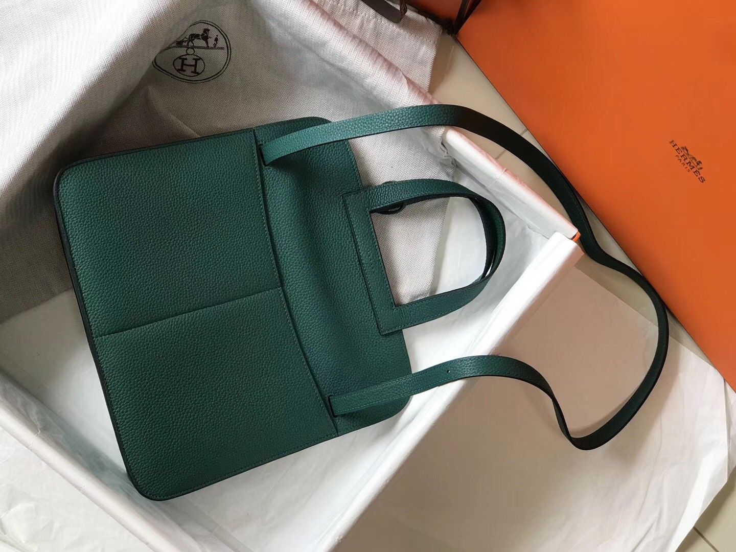 Hermes Halzan 31cm Bag In Malachite Clemence Leather