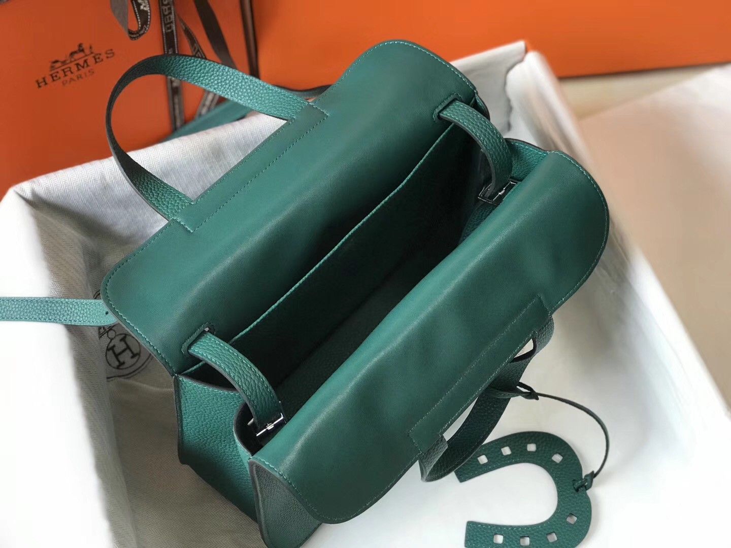 Hermes Halzan 31cm Bag In Malachite Clemence Leather