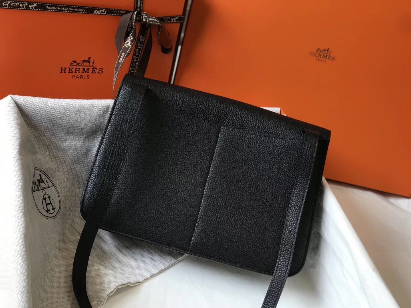 Hermes Halzan 31cm Bag In Black Clemence Leather