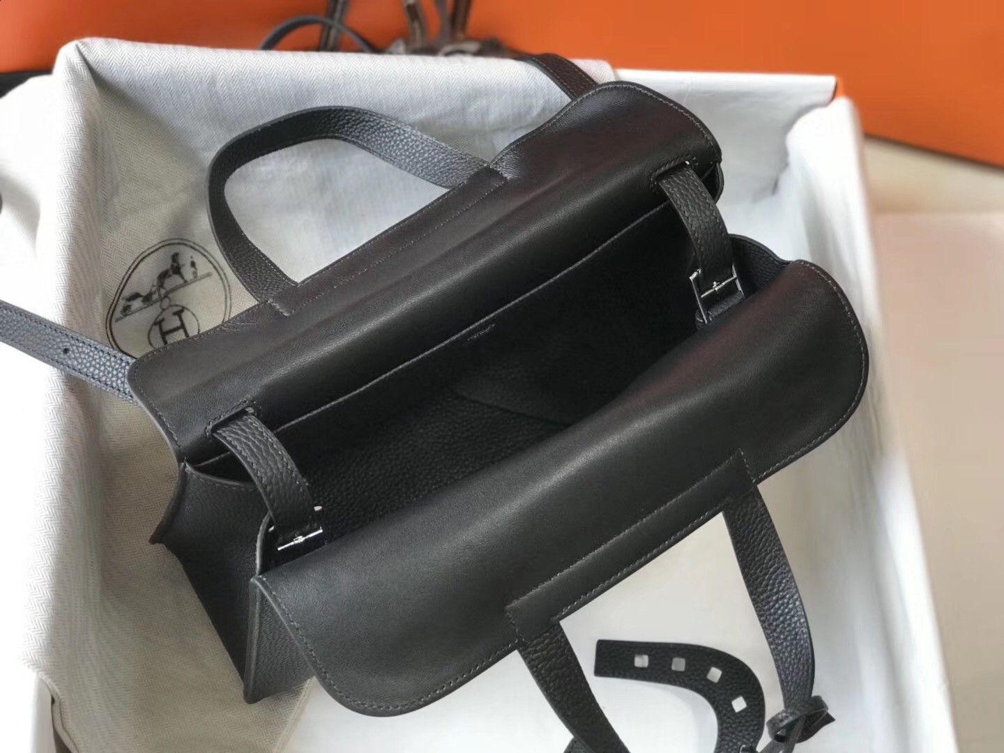 Hermes Halzan 31cm Bag In Black Clemence Leather