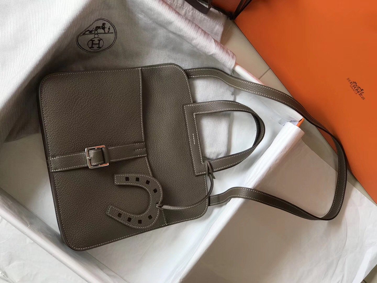 Hermes Halzan 31cm Bag In Taupe Clemence Leather