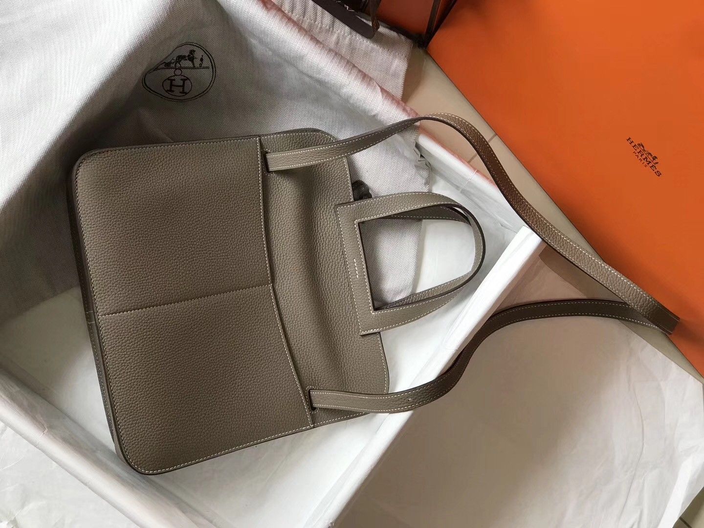 Hermes Halzan 31cm Bag In Tourterelle Clemence Leather