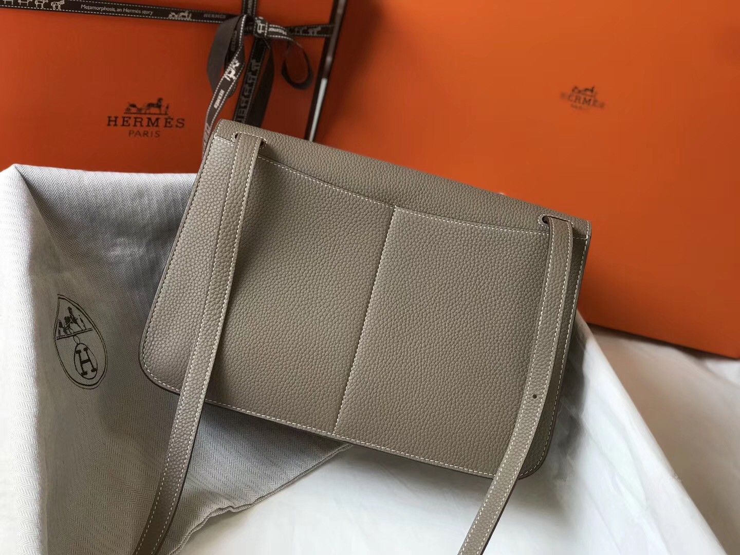 Hermes Halzan 31cm Bag In Tourterelle Clemence Leather