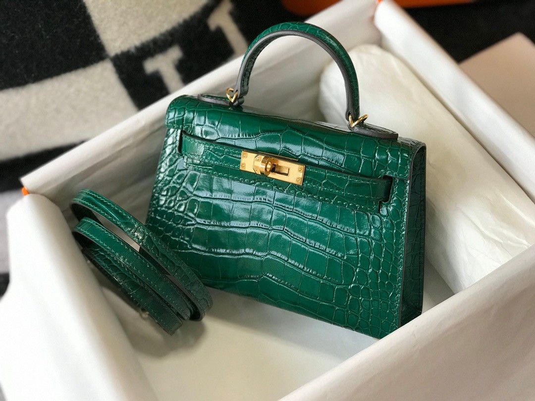 Hermes Kelly Mini II Sellier Bag In Green Crocodile Embossed Leather