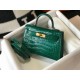 Hermes Kelly Mini II Sellier Bag In Green Crocodile Embossed Leather