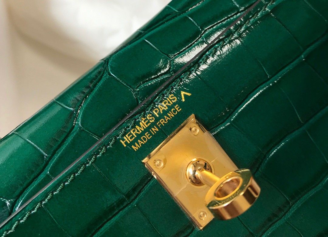 Hermes Kelly Mini II Sellier Bag In Green Crocodile Embossed Leather