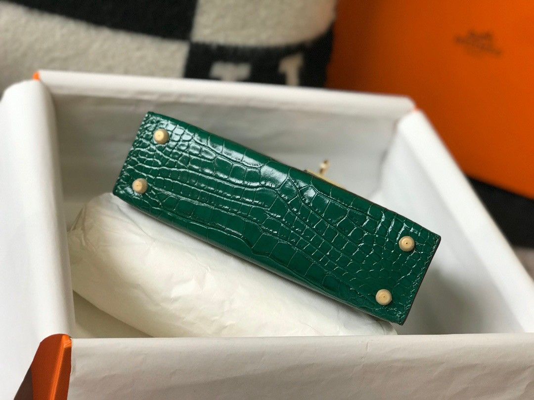 Hermes Kelly Mini II Sellier Bag In Green Crocodile Embossed Leather