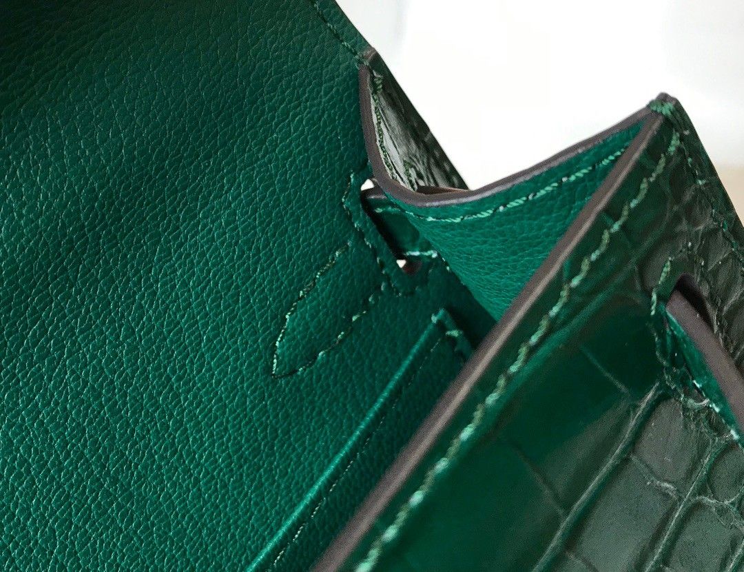 Hermes Kelly Mini II Sellier Bag In Green Crocodile Embossed Leather