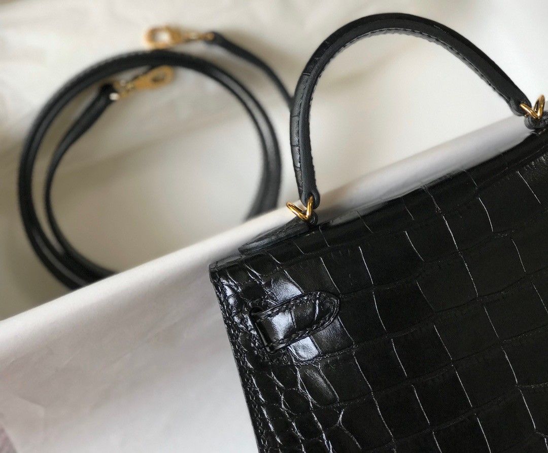 Hermes Kelly Mini II Sellier Bag In Black Crocodile Embossed Leather