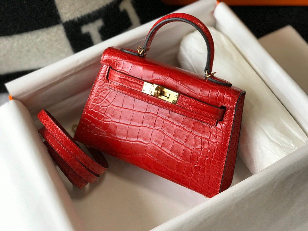 Hermes Kelly Mini II Sellier Bag In Red Crocodile Embossed Leather