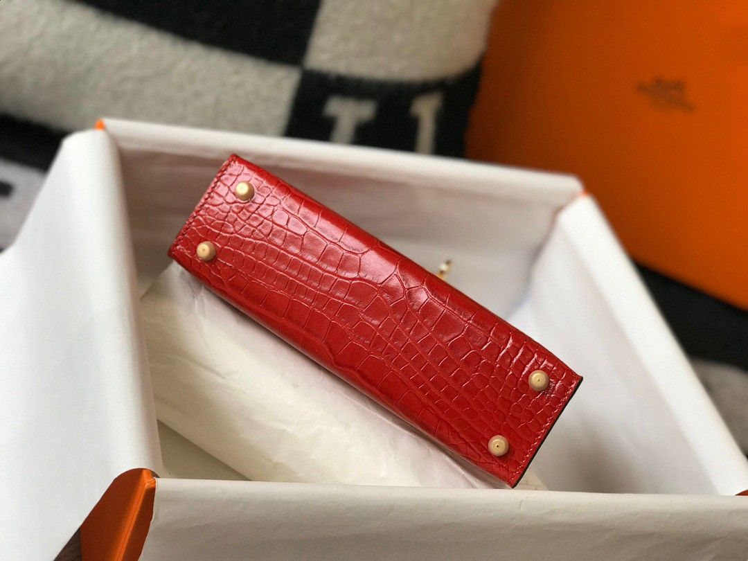 Hermes Kelly Mini II Sellier Bag In Red Crocodile Embossed Leather