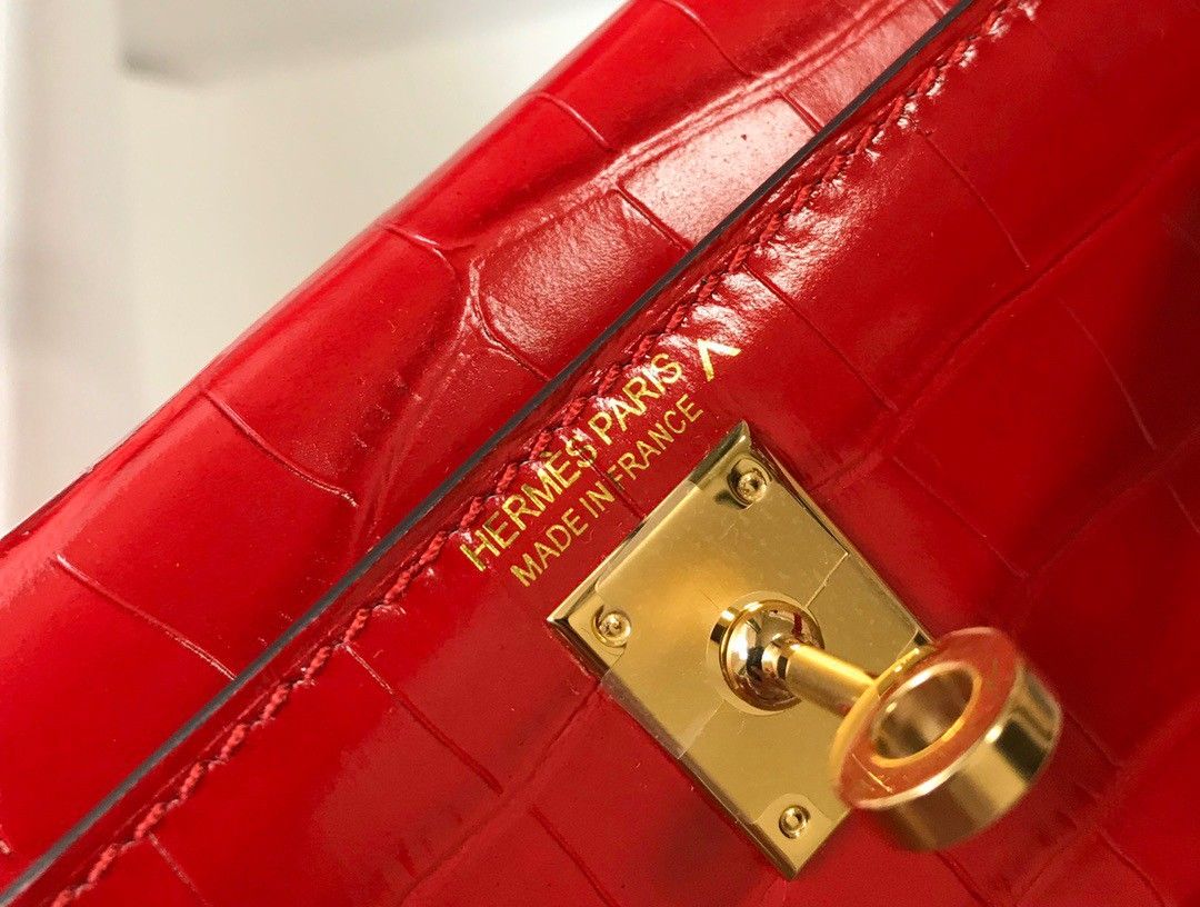 Hermes Kelly Mini II Sellier Bag In Red Crocodile Embossed Leather