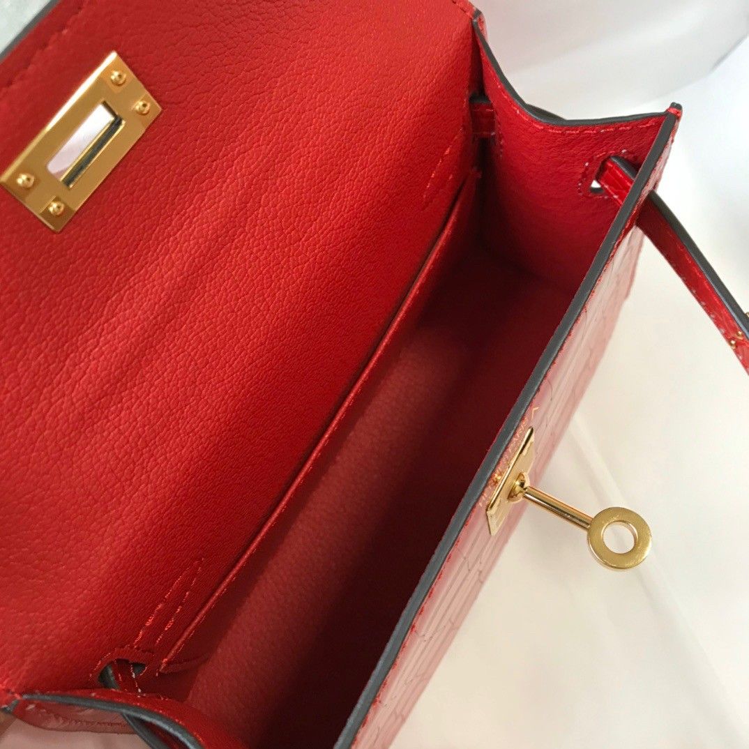 Hermes Kelly Mini II Sellier Bag In Red Crocodile Embossed Leather