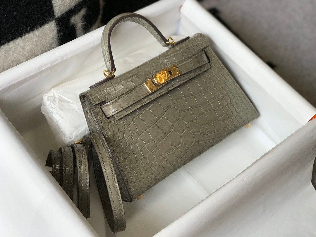 Hermes Kelly Mini II Sellier Bag In Taupe Crocodile Embossed Leather