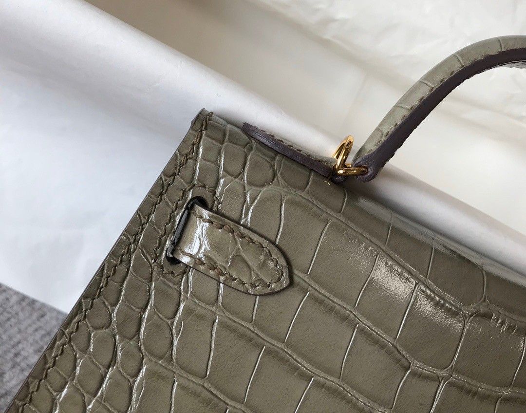 Hermes Kelly Mini II Sellier Bag In Taupe Crocodile Embossed Leather