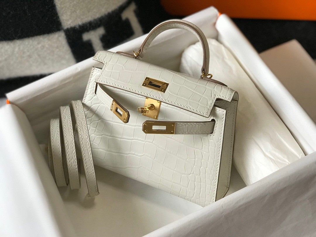 Hermes Kelly Mini II Sellier Bag In Beton Crocodile Embossed Leather