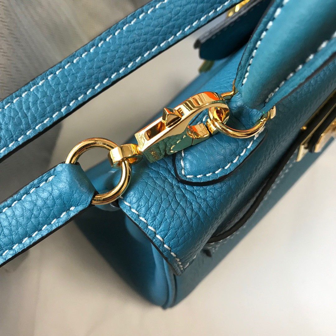 Hermes Kelly 20cm Bag In Blue Jean Clemence Leather GHW