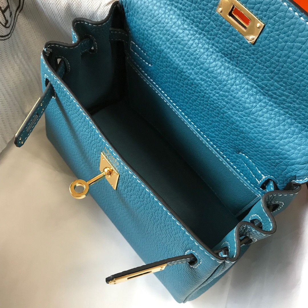 Hermes Kelly 20cm Bag In Blue Jean Clemence Leather GHW