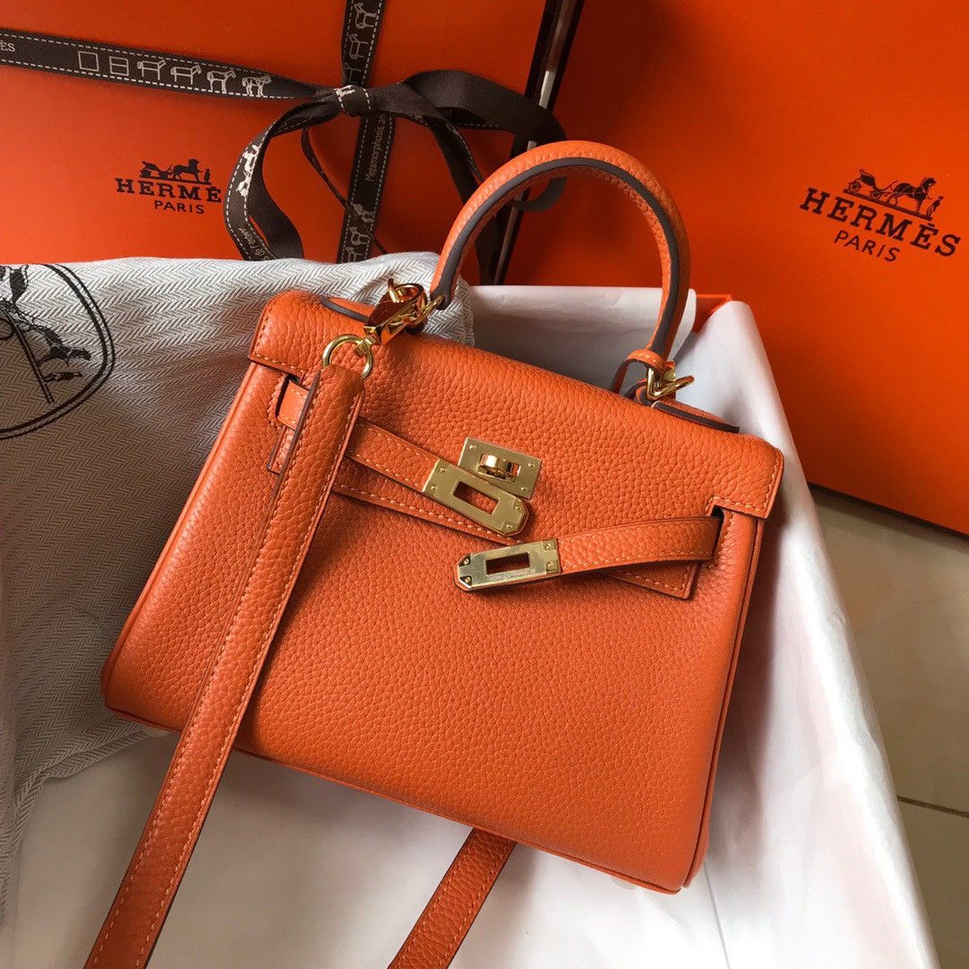 Hermes Kelly 20cm Bag In Orange Clemence Leather GHW