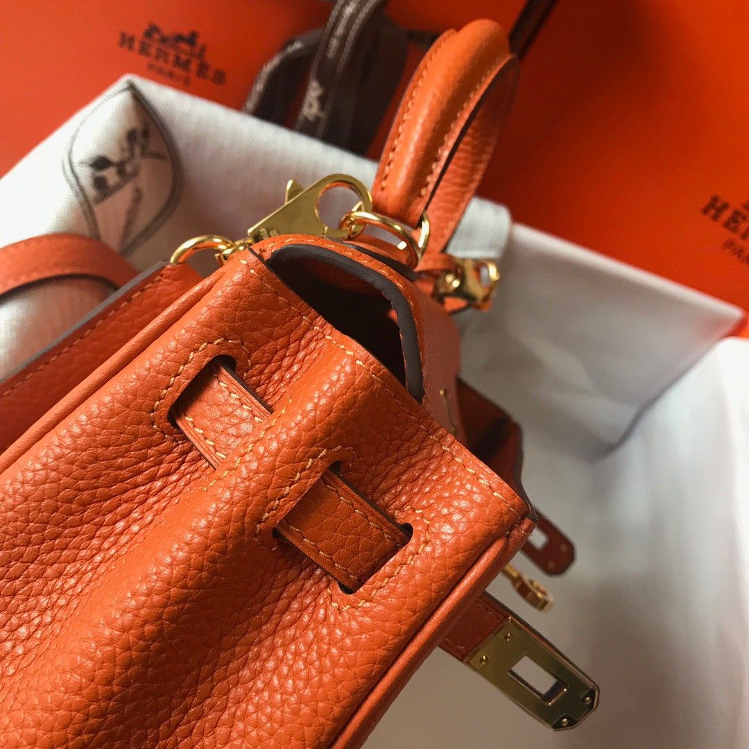 Hermes Kelly 20cm Bag In Orange Clemence Leather GHW