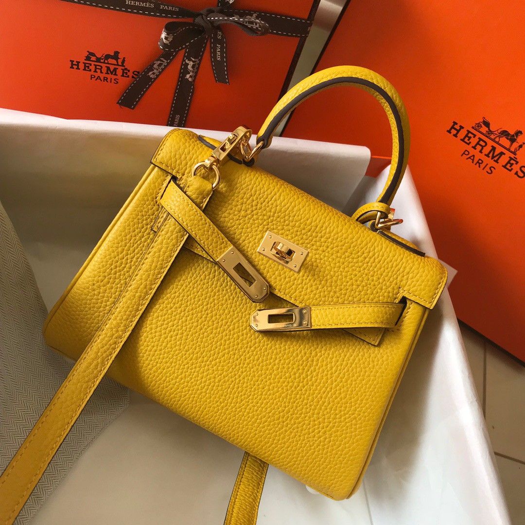 Hermes Kelly 20cm Bag In Yellow Clemence Leather GHW