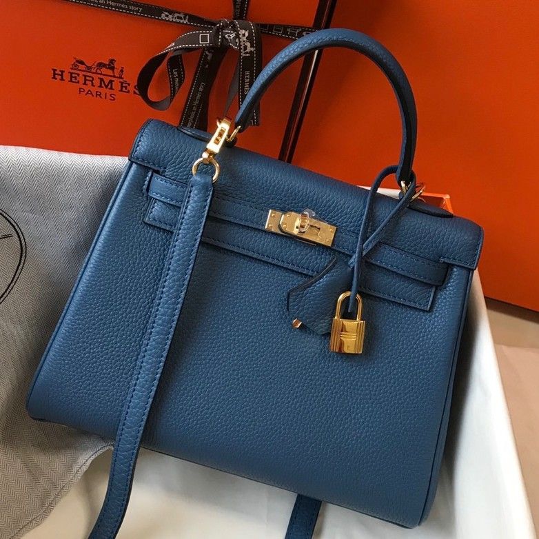 Hermes Kelly 25cm Retourne Bag in Blue Agate Clemence Leather GHW