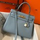 Hermes Kelly 25cm Retourne Bag in Blue Lin Clemence Leather GHW