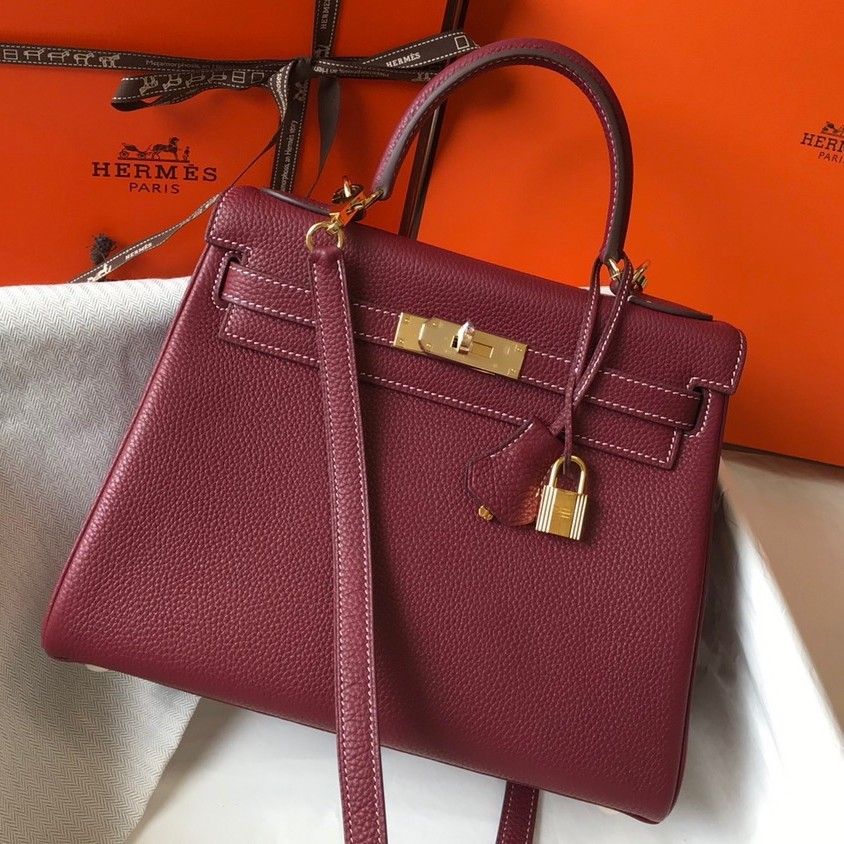 Hermes Kelly 25cm Retourne Bag in Bordeaux Clemence Leather GHW