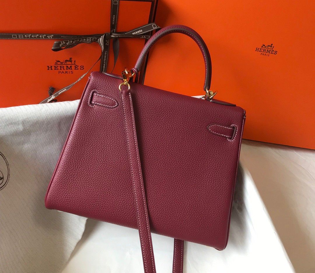 Hermes Kelly 25cm Retourne Bag in Bordeaux Clemence Leather GHW