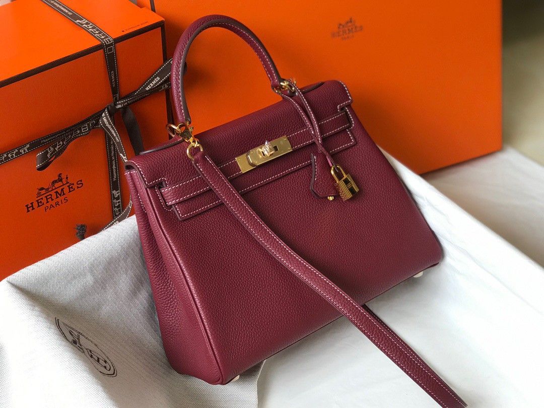 Hermes Kelly 25cm Retourne Bag in Bordeaux Clemence Leather GHW