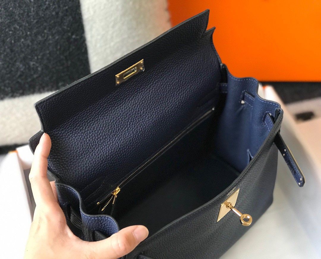 Hermes Kelly 25cm Retourne Bag in Navy Blue Clemence Leather GHW