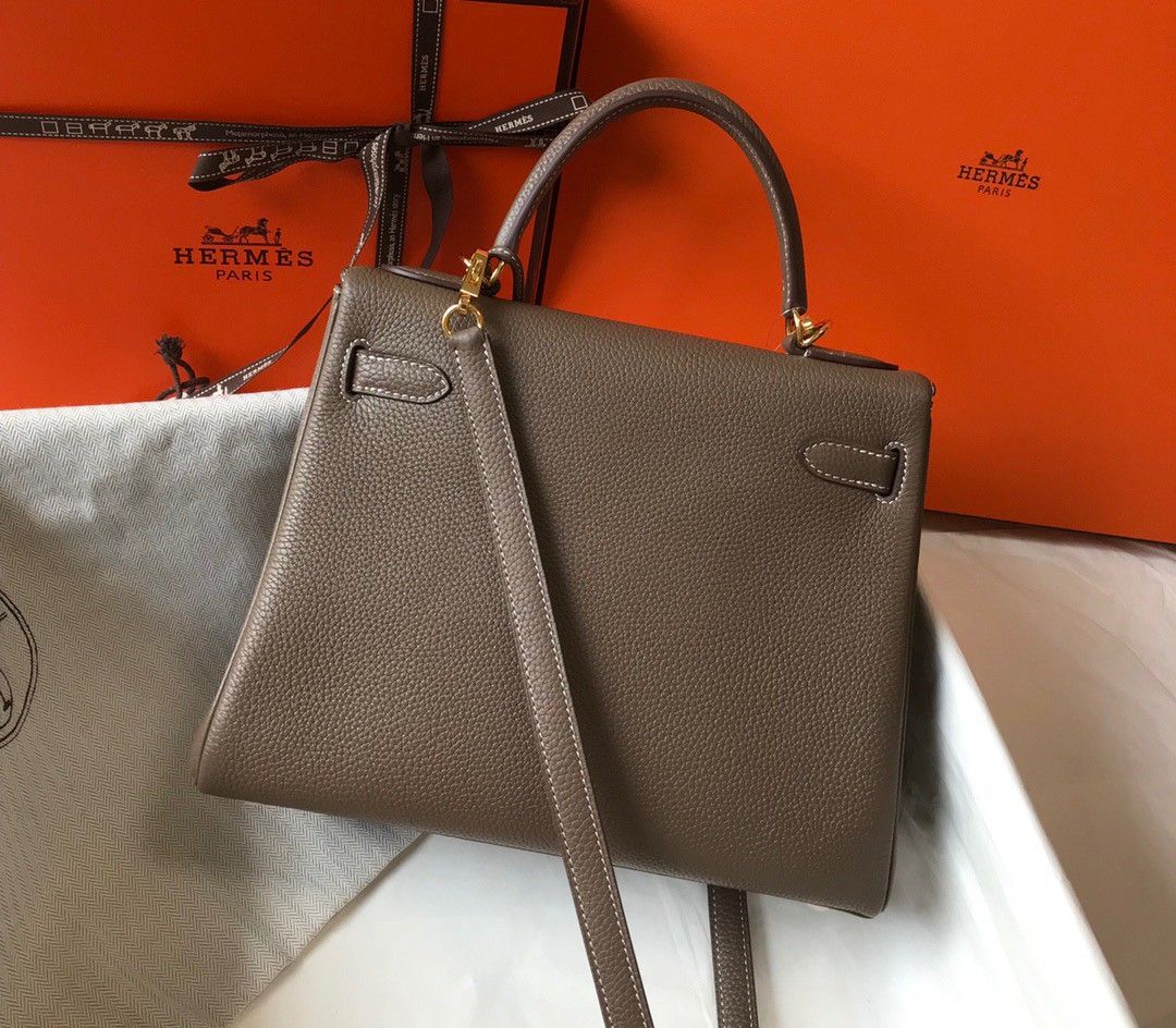 Hermes Kelly 25cm Retourne Bag in Taupe Clemence Leather GHW