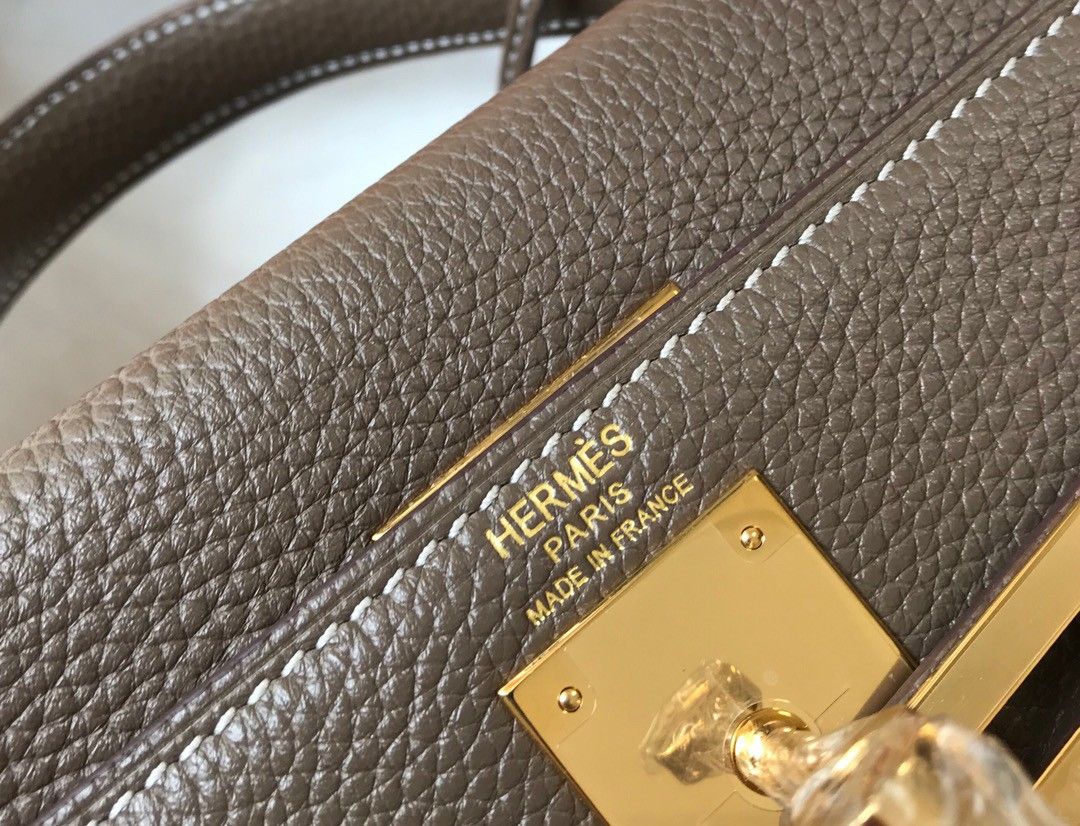 Hermes Kelly 25cm Retourne Bag in Taupe Clemence Leather GHW