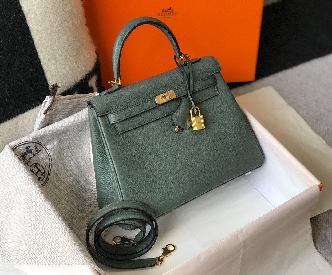 Hermes Kelly 25cm Retourne Bag in Vert Amande Clemence Leather GHW