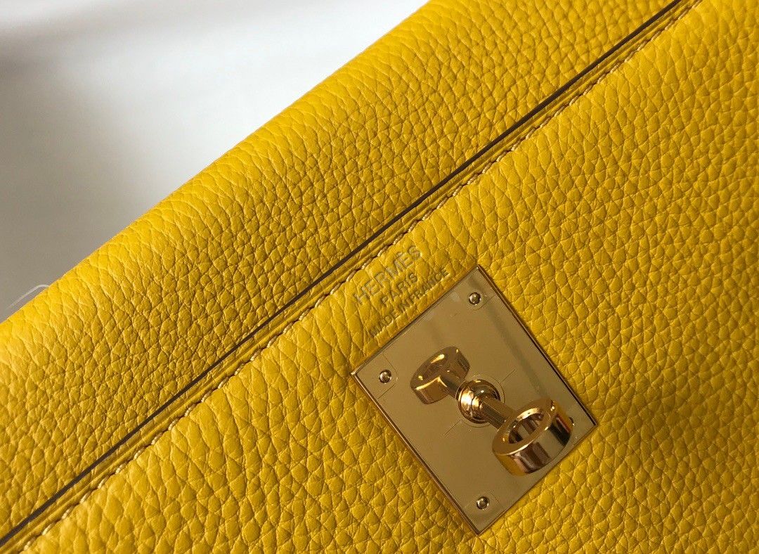 Hermes Kelly 25cm Retourne Bag in Jaune Ambre Clemence Leather GHW