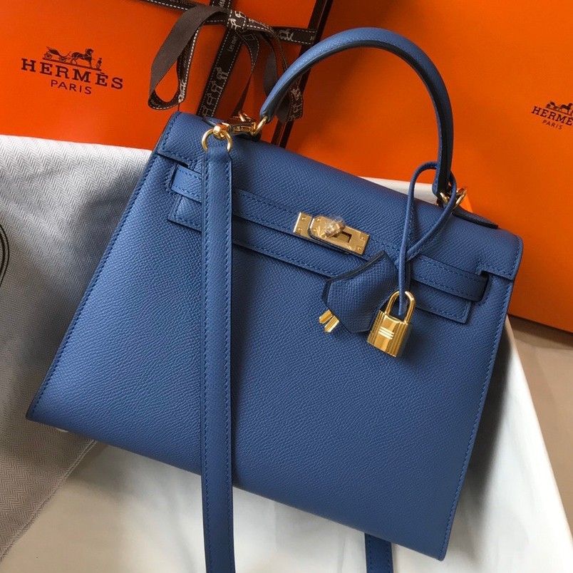 Hermes Kelly 25cm Sellier Bag in Blue Agate Epsom Calfskin GHW