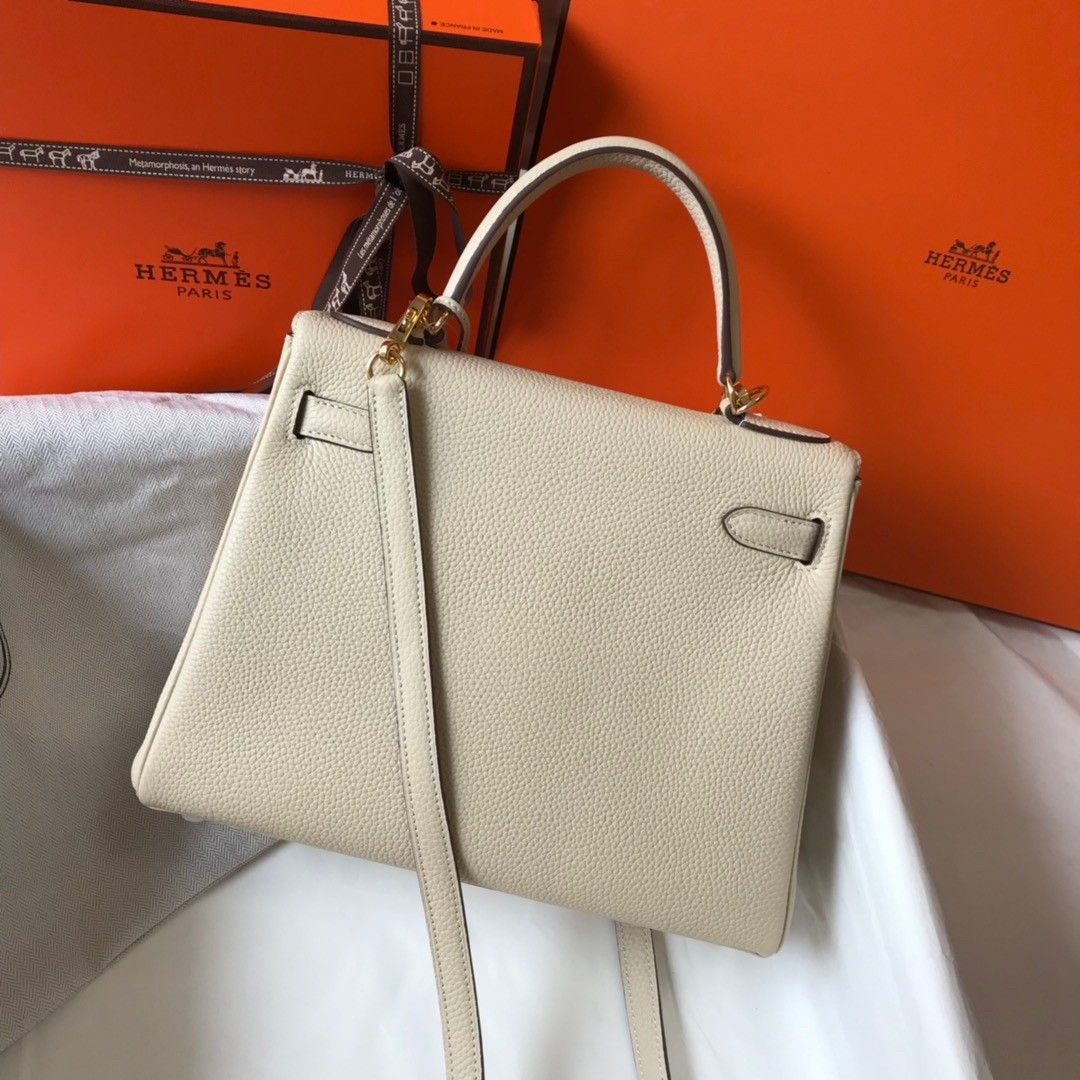 Hermes Kelly 28cm Retourne Bag in Craie Clemence Leather GHW