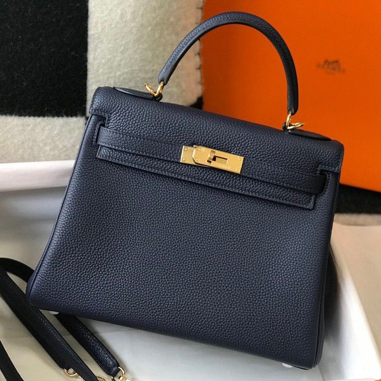 Hermes Kelly 28cm Retourne Bag in Dark Blue Clemence Leather GHW